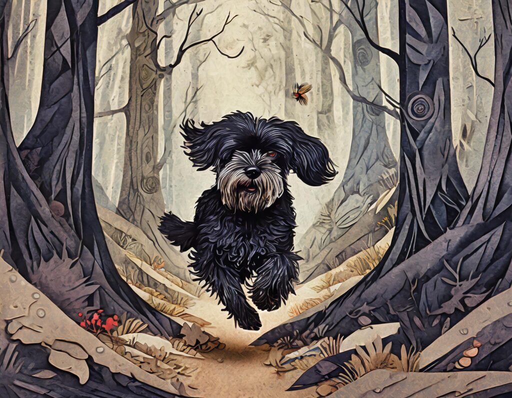 Drawing of Dagr, a Havanese dog, running through the forest.